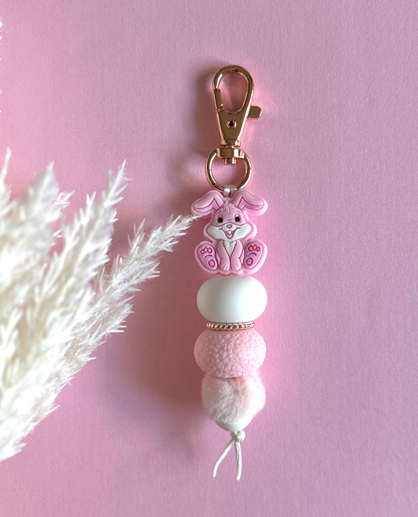 Pink Fluffy Easter Bunny Keyring