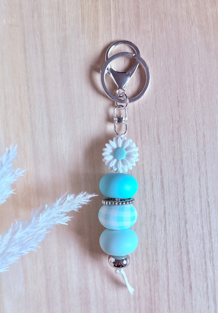 Turquoise Gingham Daisy Keyring